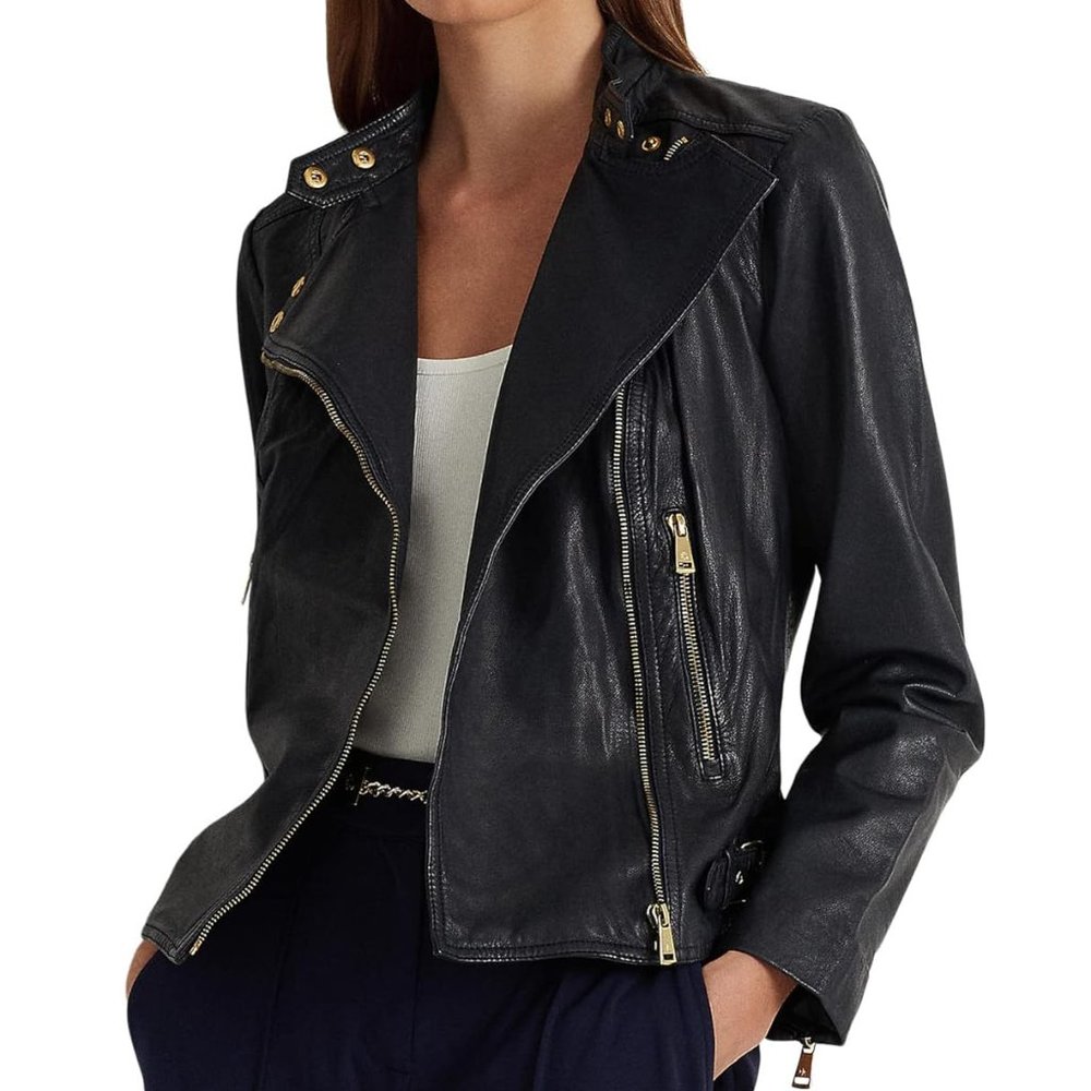 LAUREN Ralph Lauren Tumbled Leather Moto Jacket, Dark Navy